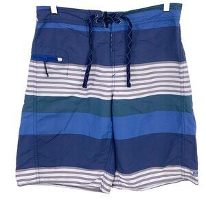 Patagonia Size 30 Men Blue Stripe Swim Board Shorts Tie Side Zip Pocket EUC